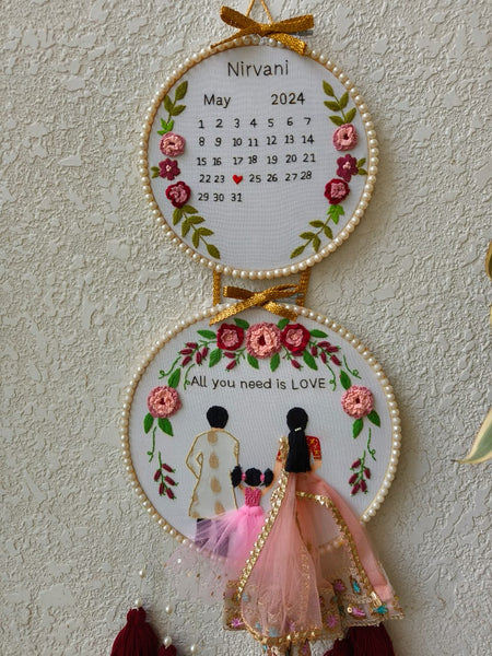 Customizable Couple & Child Anniversary Double Embroidered Hoop with Tassels