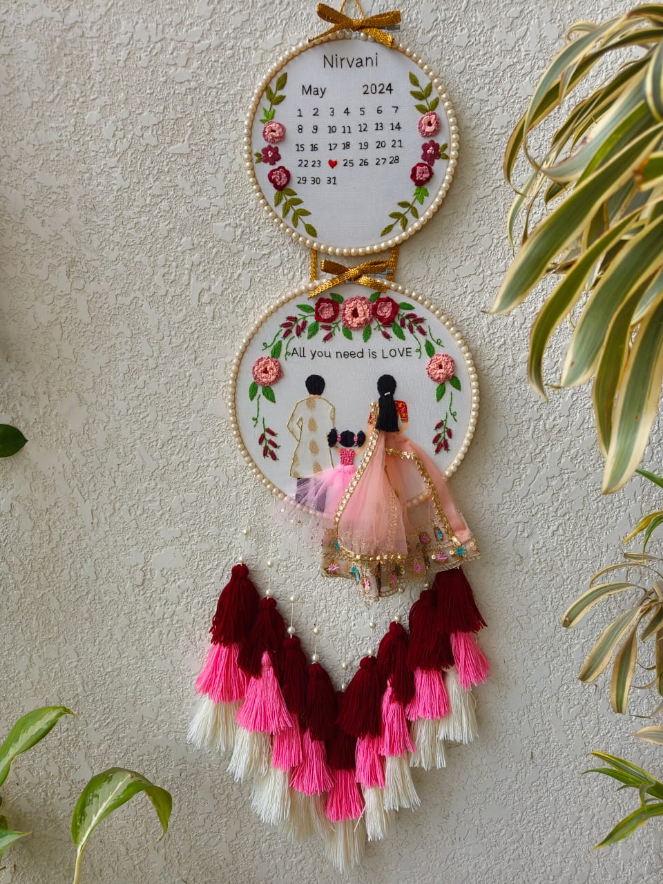 Customizable Couple & Child Anniversary Double Embroidered Hoop with Tassels