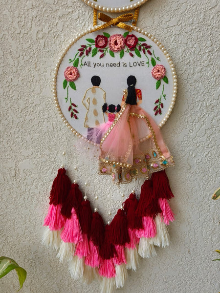 Customizable Couple & Child Anniversary Double Embroidered Hoop with Tassels