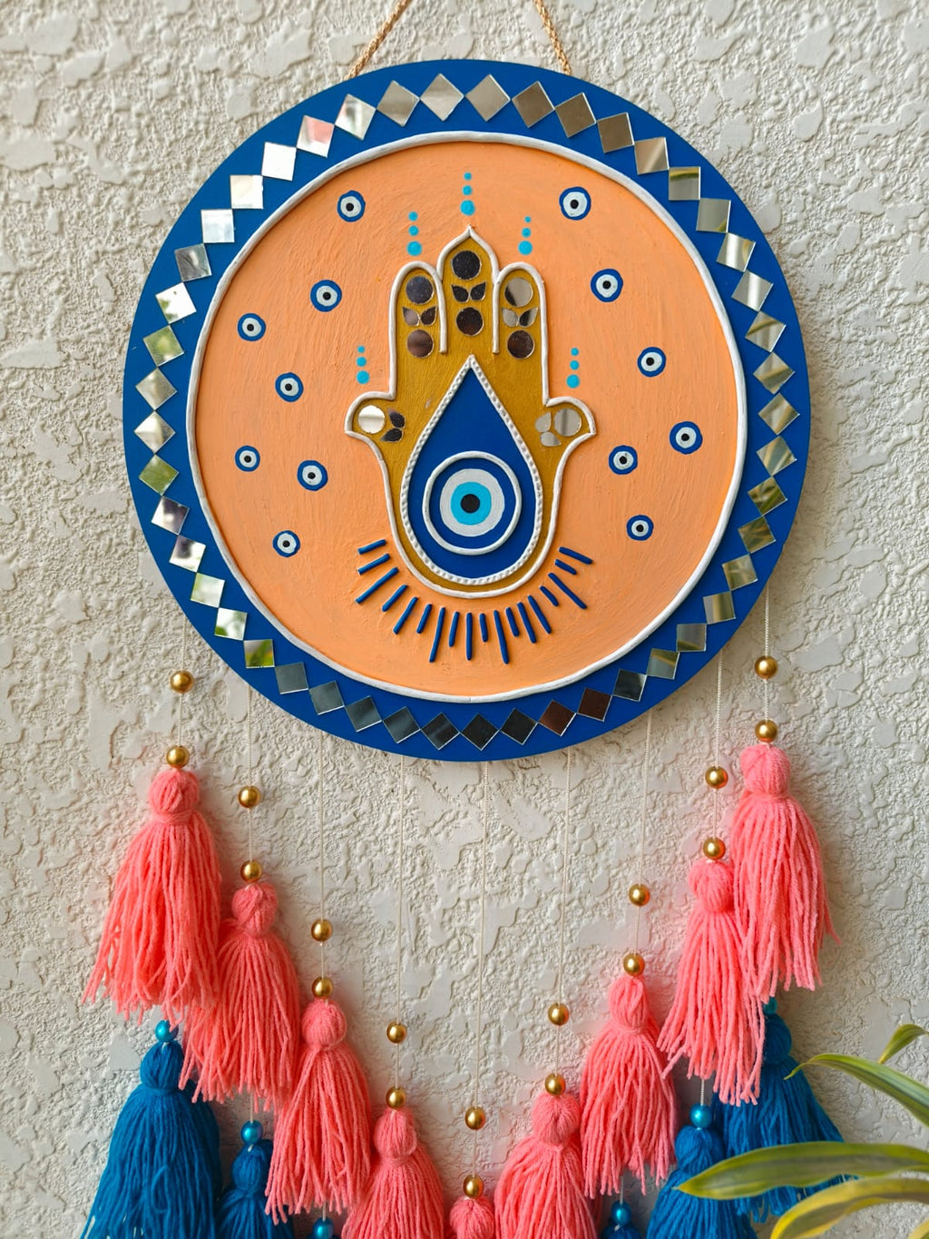 Hamsa Hand Lippan Art Wall Hanging with Tassles