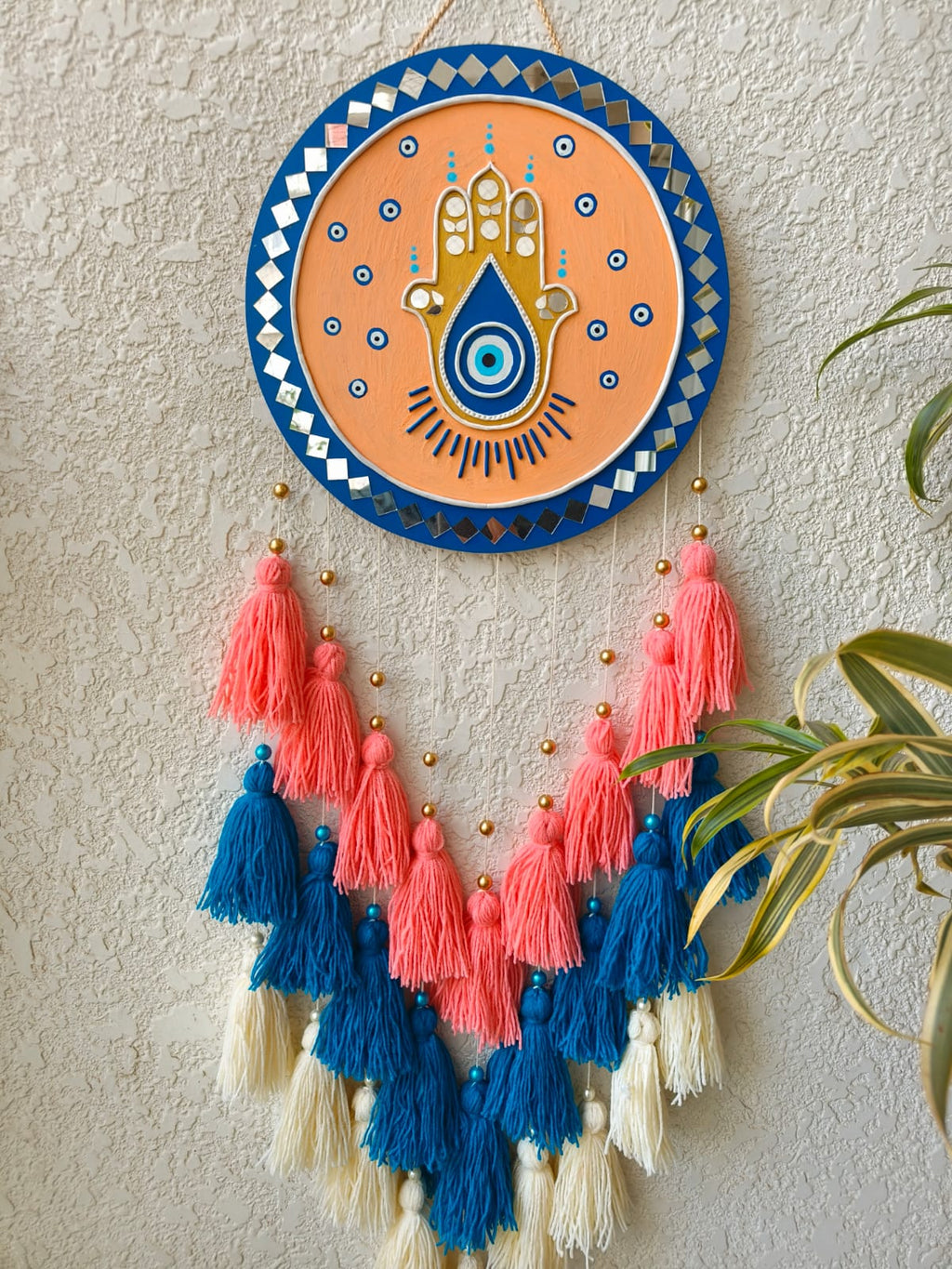 Hamsa Hand Lippan Art Wall Hanging with Tassles