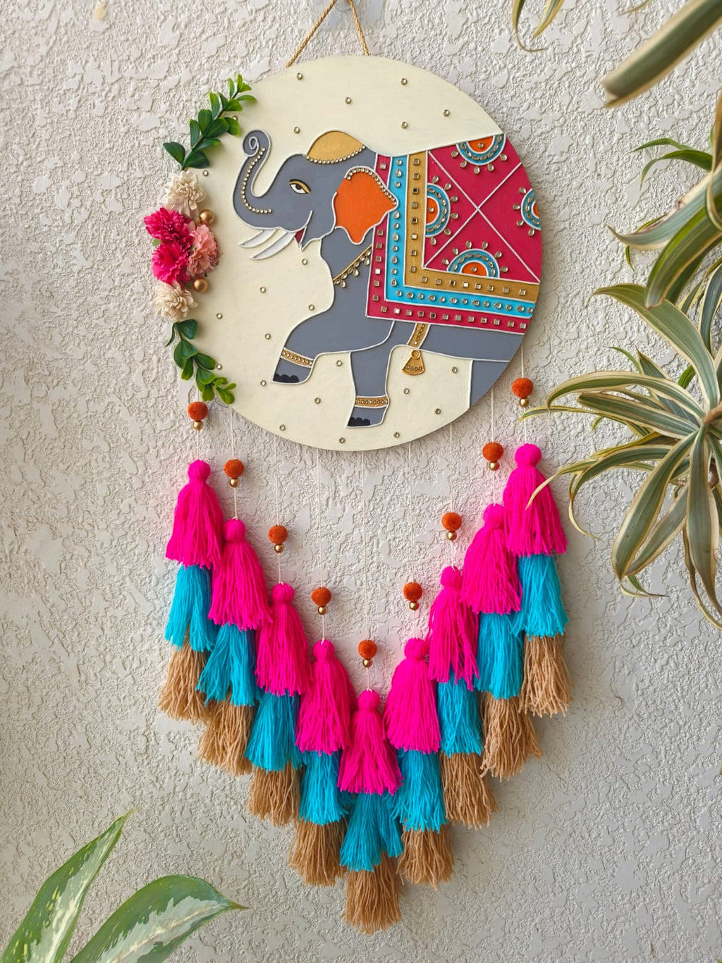 Elephant Lippan Art Wall Hanging with Tassles