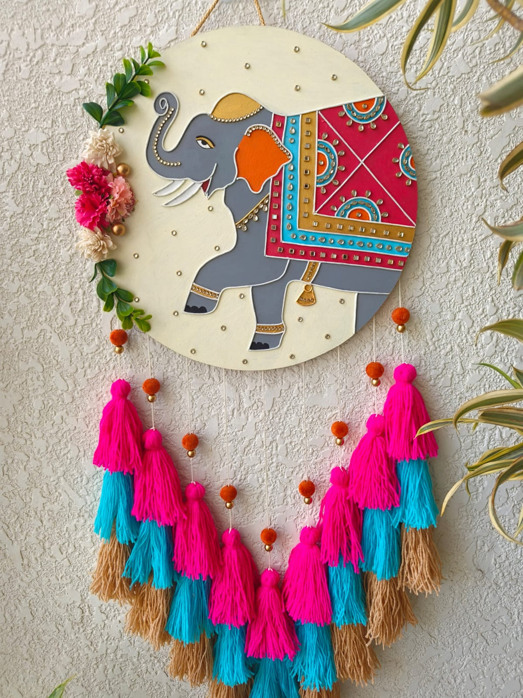 Elephant Lippan Art Wall Hanging with Tassles