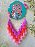 Colorful Owl Lippan Art Wall Hanging with Tassles