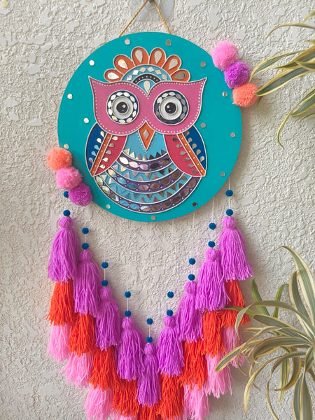 Colorful Owl Lippan Art Wall Hanging with Tassles