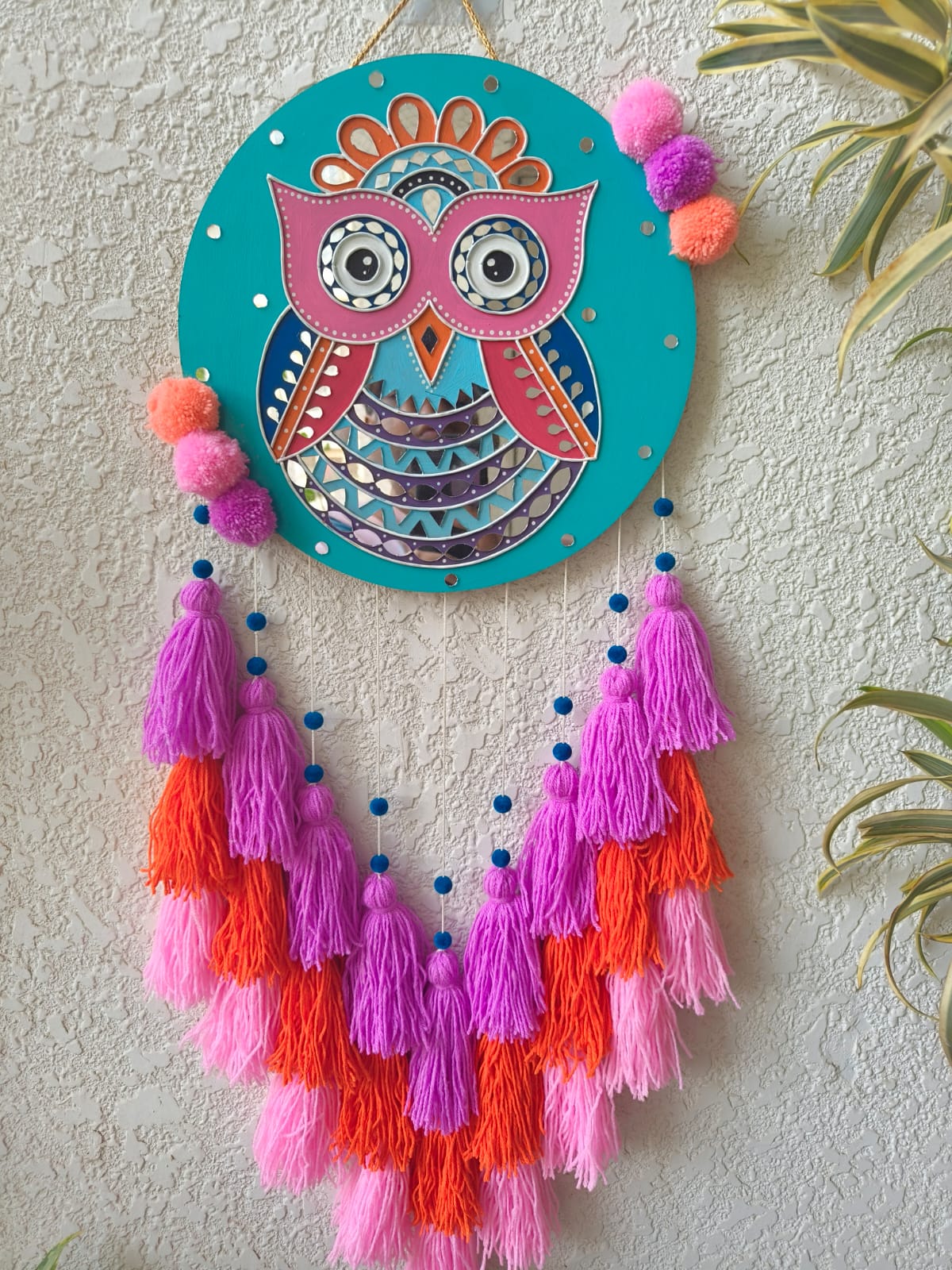 Colorful Owl Lippan Art Wall Hanging with Tassles
