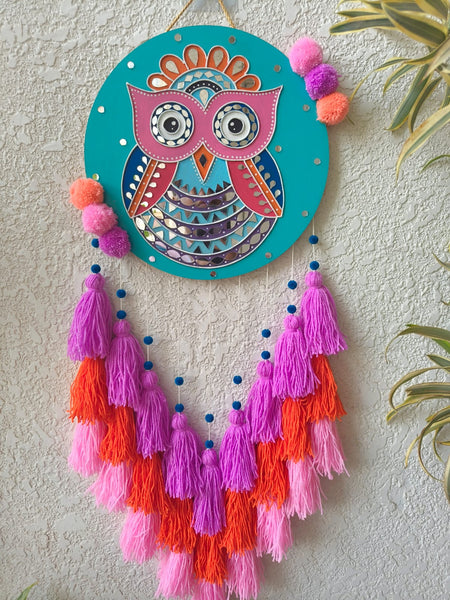 Colorful Owl Lippan Art Wall Hanging with Tassles