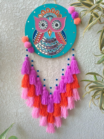 Colorful Owl Lippan Art Wall Hanging with Tassles