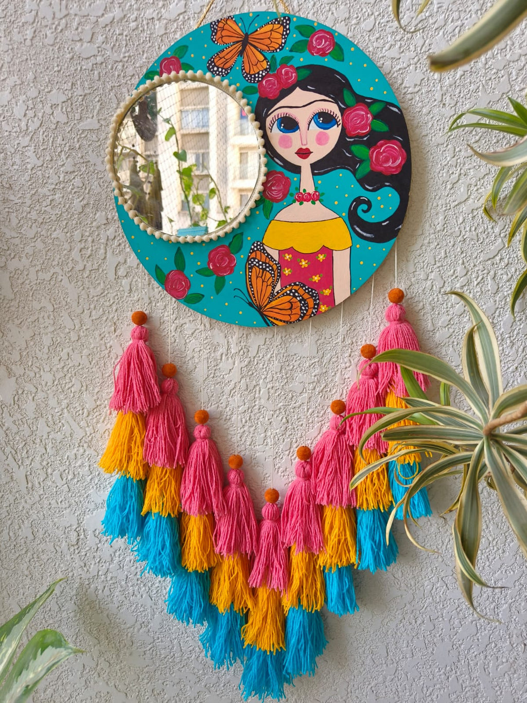 Hand-Painted Boho Girl Wall Decor with Mirror & Tassels