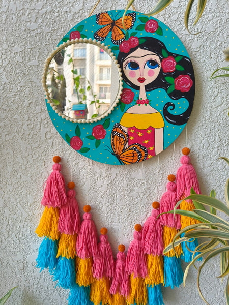 Hand-Painted Boho Girl Wall Decor with Mirror & Tassels