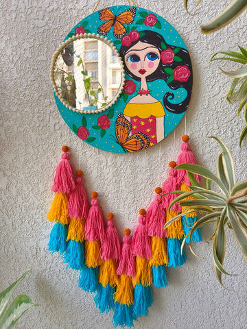 Hand-Painted Boho Girl Wall Decor with Mirror & Tassels