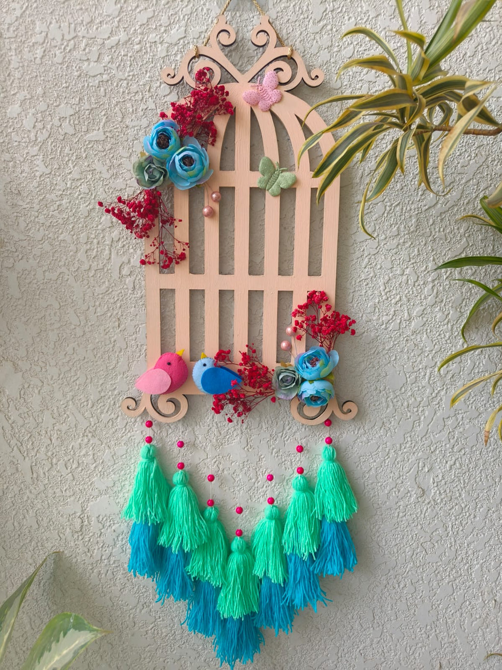 Floral Bird Cage Charm Hanging with Tassels