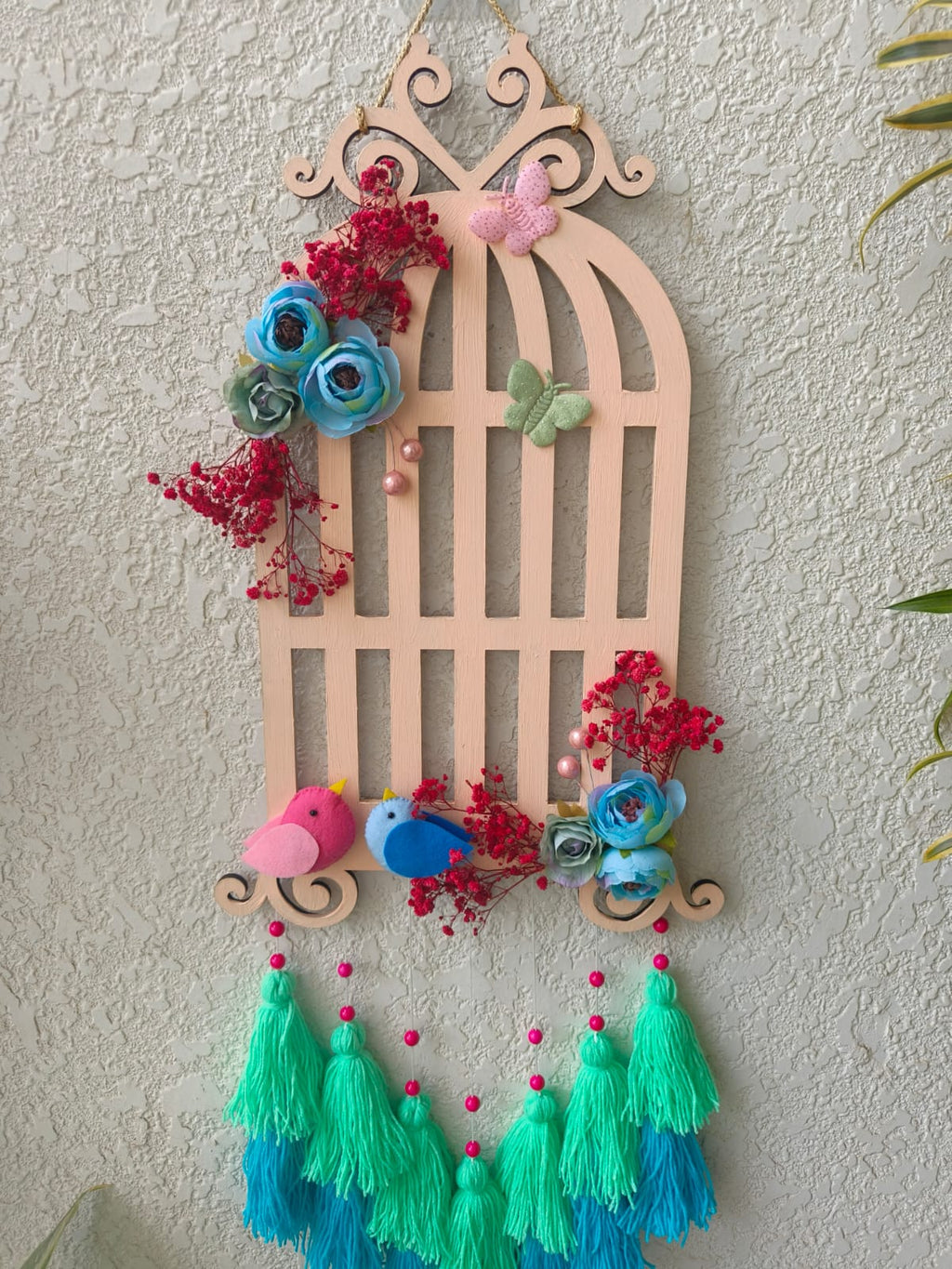 Floral Bird Cage Charm Hanging with Tassels