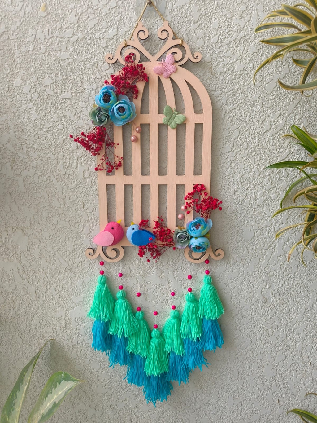 Floral Bird Cage Charm Hanging with Tassels