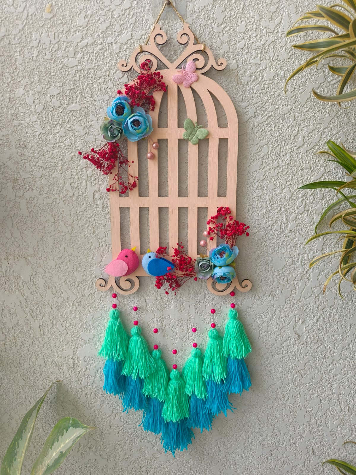 Floral Bird Cage Charm Hanging with Tassels