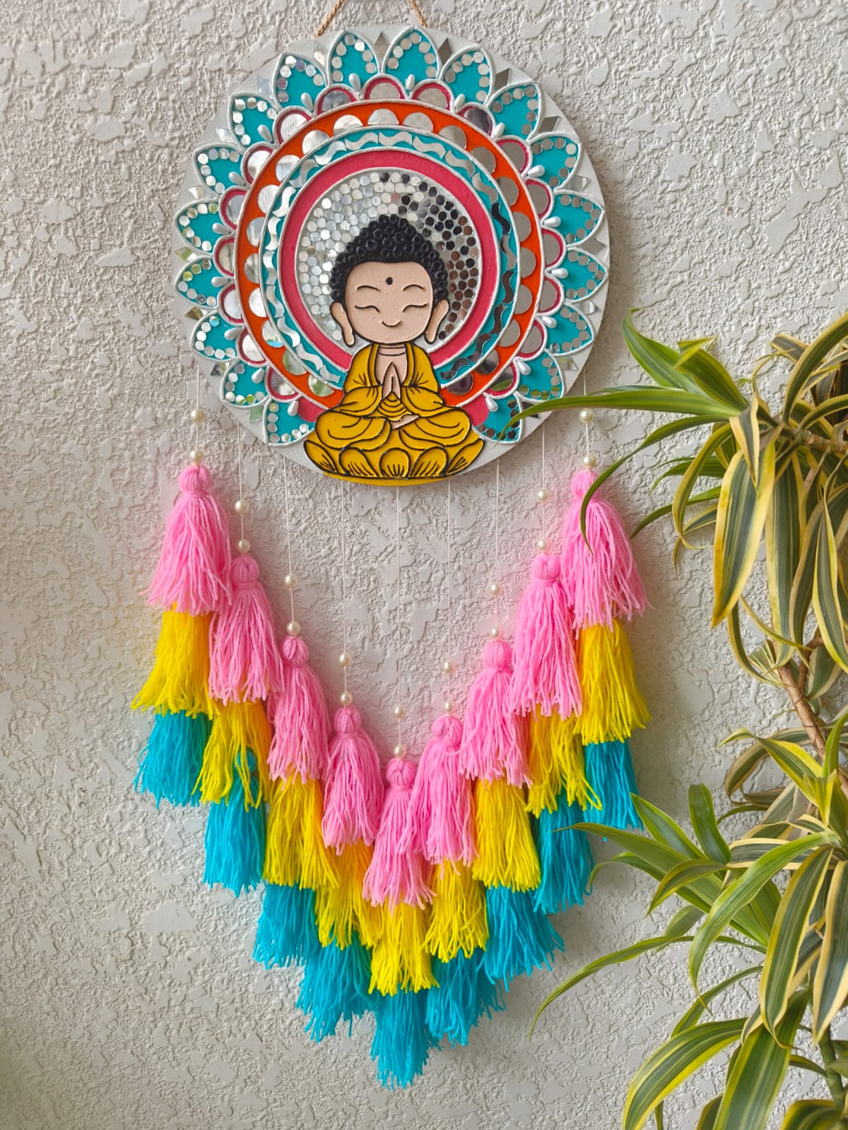 Colorful Buddha Lippan Art Wall Hanging with Tassels
