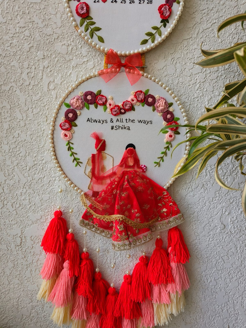 Customizable Bride & Groom Calendar Embroidered Double Hoop with Tassels