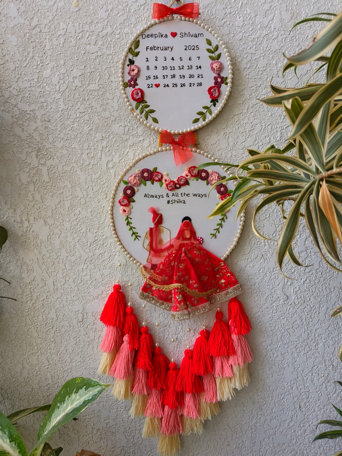 Customizable Bride & Groom Calendar Embroidered Double Hoop with Tassels
