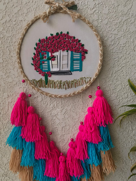 Embroidered Blooming Window Wall Hanging with Tassels