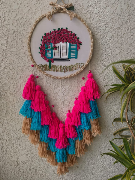 Embroidered Blooming Window Wall Hanging with Tassels
