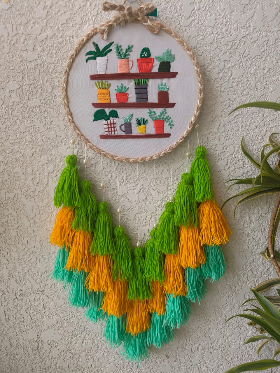 Handcrafted Indoor Plants Embroidered Wall Hanging with Tassels