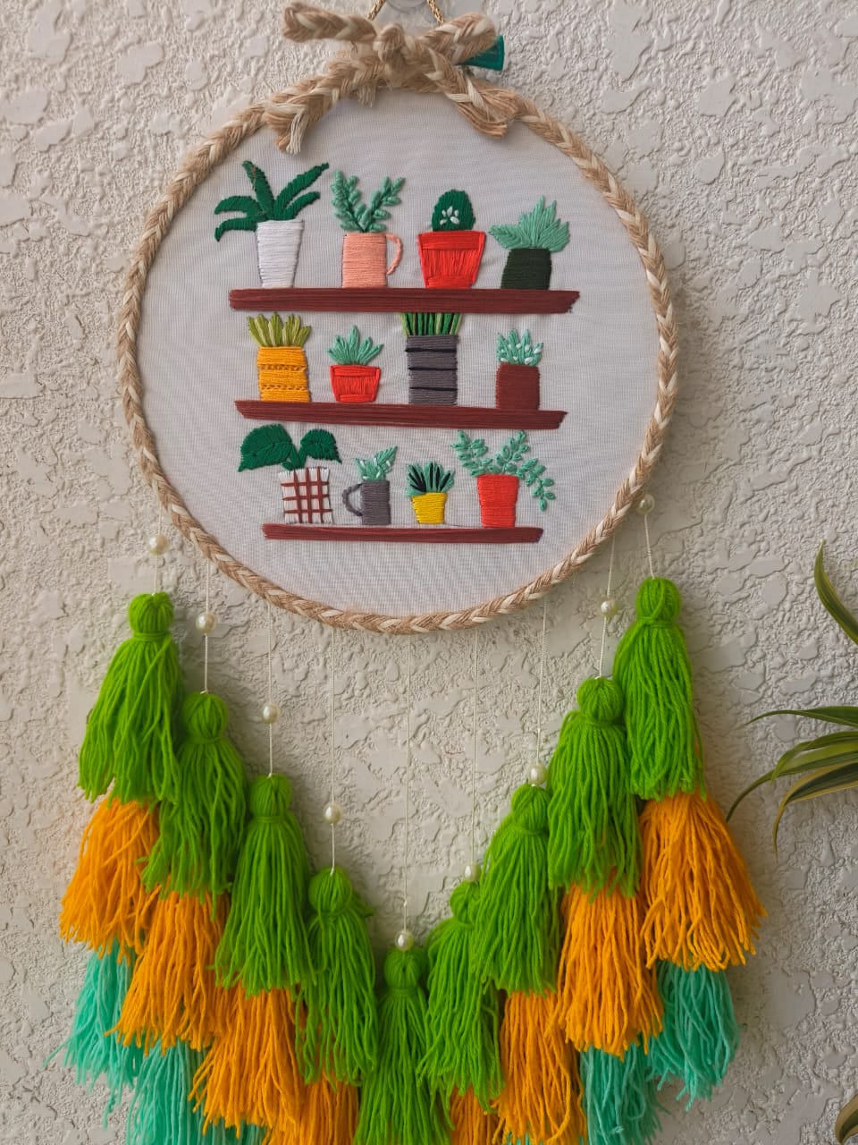 Handcrafted Indoor Plants Embroidered Wall Hanging with Tassels
