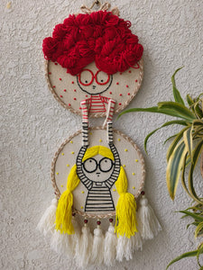 Quirky Friends or Siblings Embroidered Wall Hanging with Tassels