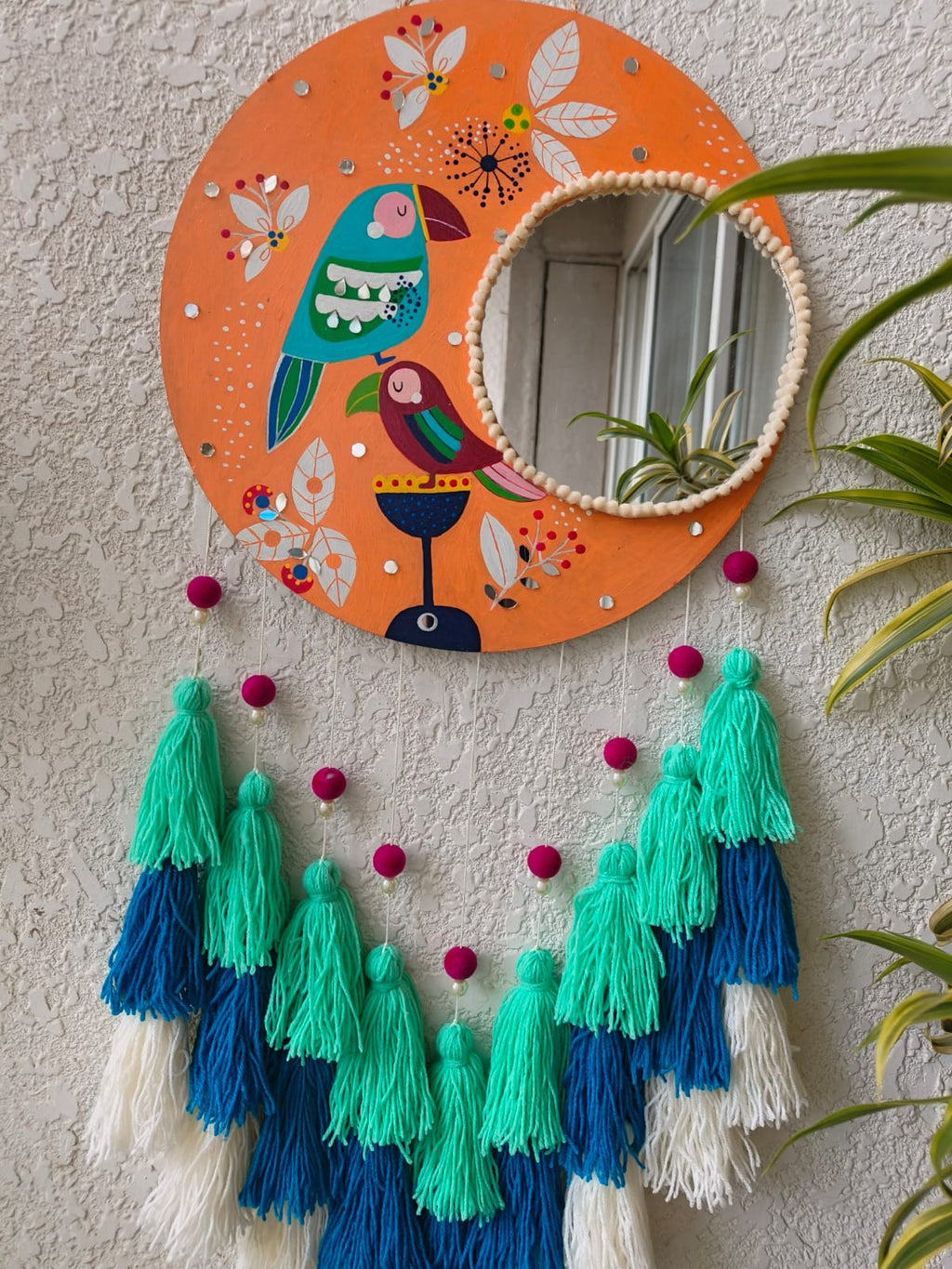 Hand-Painted Tropical Birds Mirror Wall Hanging with Tassels