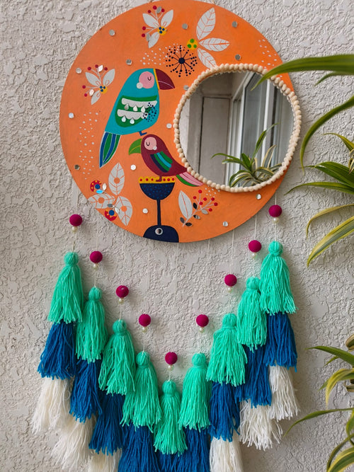 Hand-Painted Tropical Birds Mirror Wall Hanging with Tassels