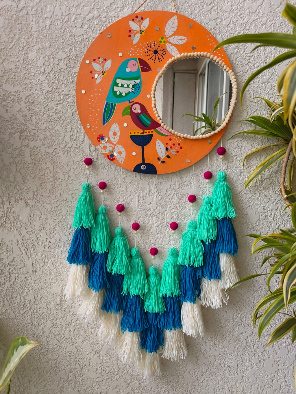 Hand-Painted Tropical Birds Mirror Wall Hanging with Tassels