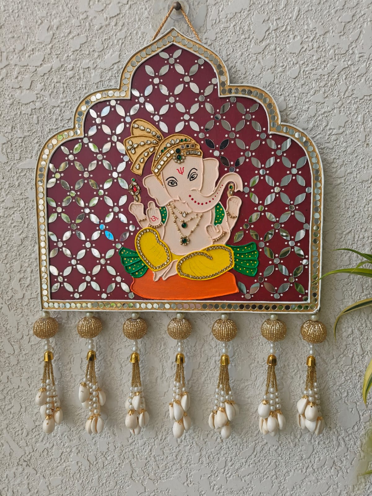 Handcrafted Ganesha Mirror Work Wall Hanging with Shell Tassels