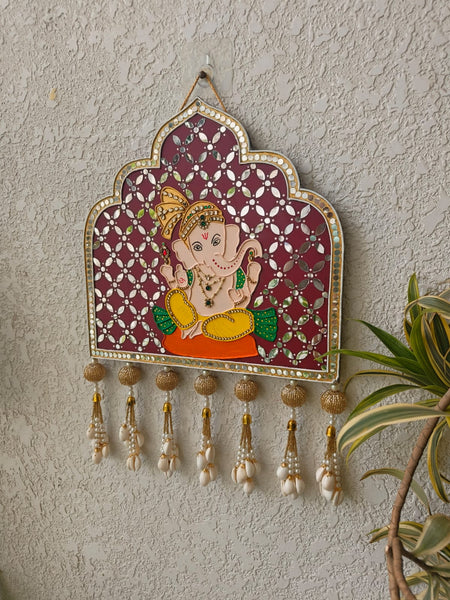 Handcrafted Ganesha Mirror Work Wall Hanging with Shell Tassels