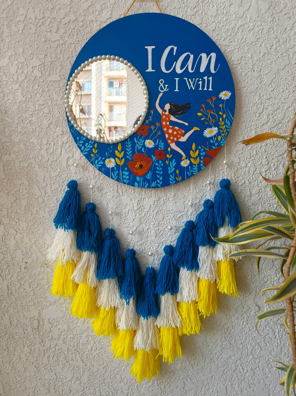 Hand-Painted 'I Can & I Will' Wall Decor with Mirror & Tassels