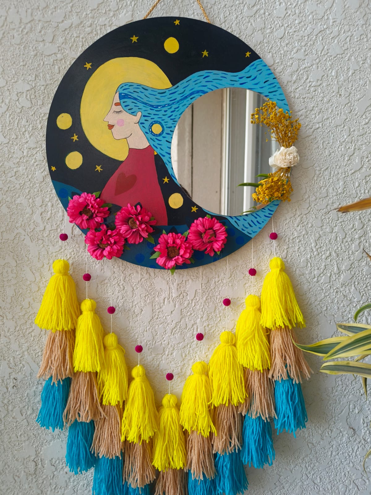 Hand-Painted Moon Muse Boho Mirror Tassel Wall Hanging