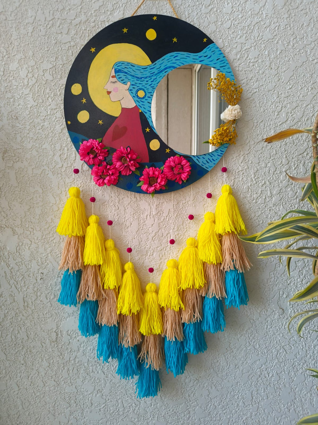 Hand-Painted Moon Muse Boho Mirror Tassel Wall Hanging