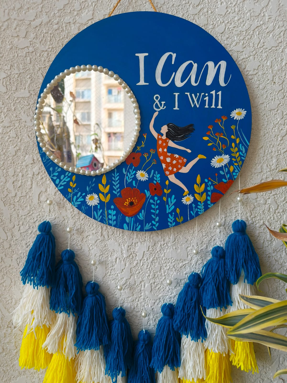 Hand-Painted 'I Can & I Will' Wall Decor with Mirror & Tassels