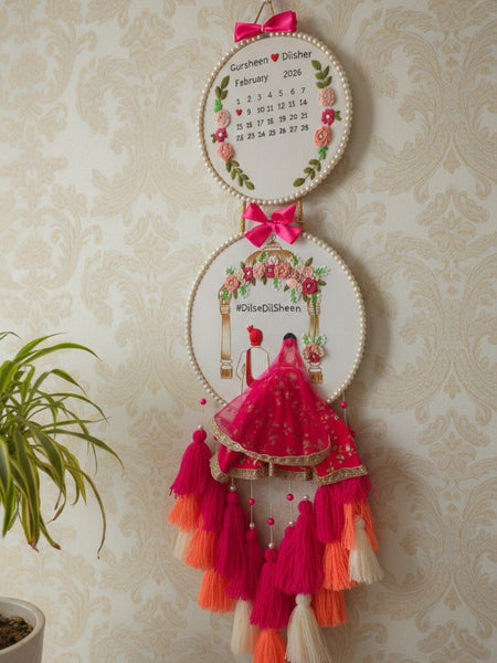 Customizable Bride & Groom Calendar Embroidered Double Hoop with Tassels