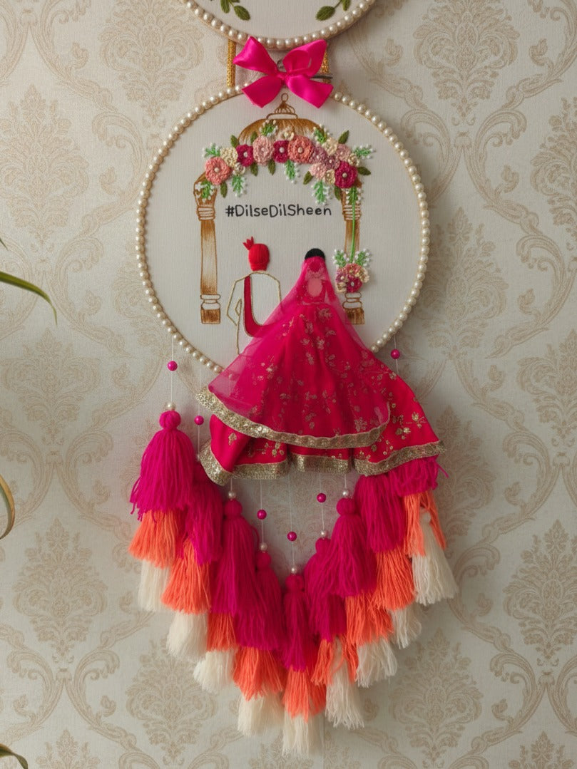 Customizable Bride & Groom Calendar Embroidered Double Hoop with Tassels
