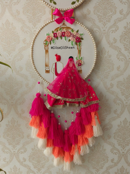 Customizable Bride & Groom Calendar Embroidered Double Hoop with Tassels