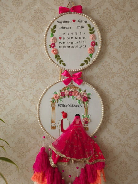 Customizable Bride & Groom Calendar Embroidered Double Hoop with Tassels
