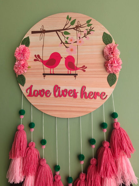 Love Lives Here Floral Bird Tassel Wall Hanging