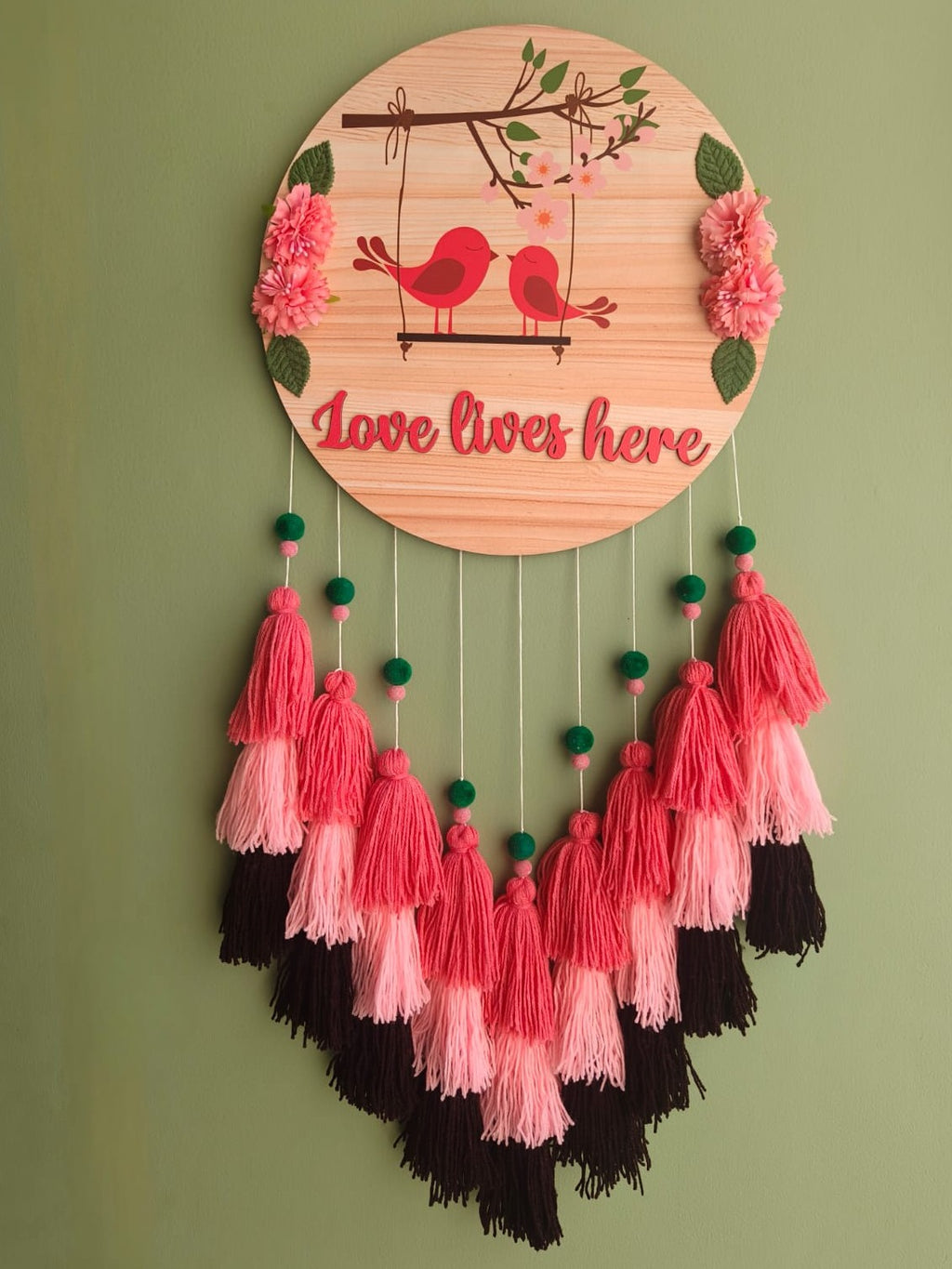 Love Lives Here Floral Bird Tassel Wall Hanging