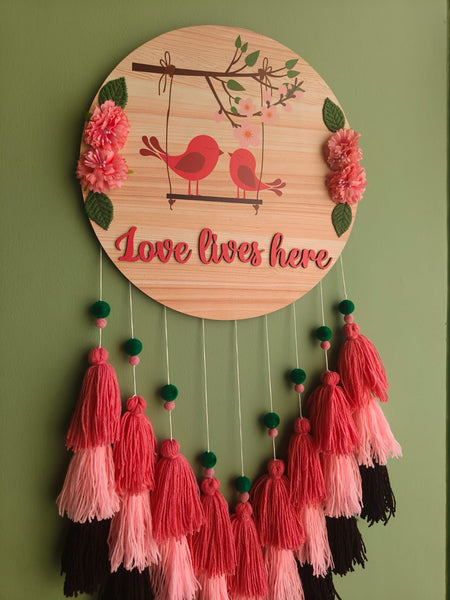 Love Lives Here Floral Bird Tassel Wall Hanging