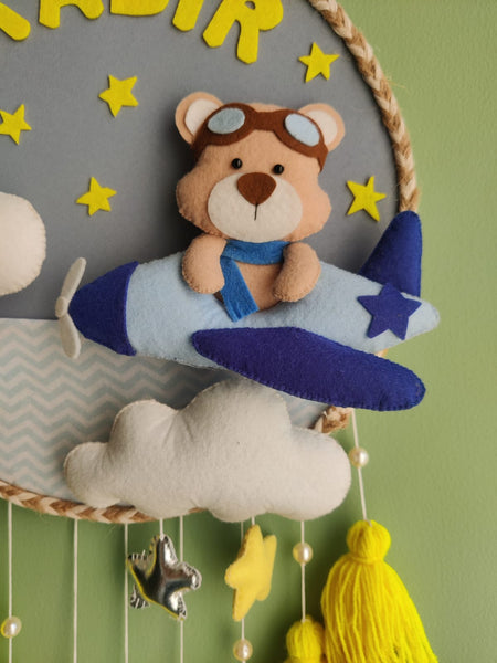 Personalized Kids Name Wall Hanging with Teddy Airplane Theme