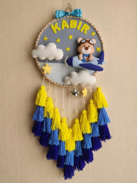 Personalized Kids Name Wall Hanging with Teddy Airplane Theme