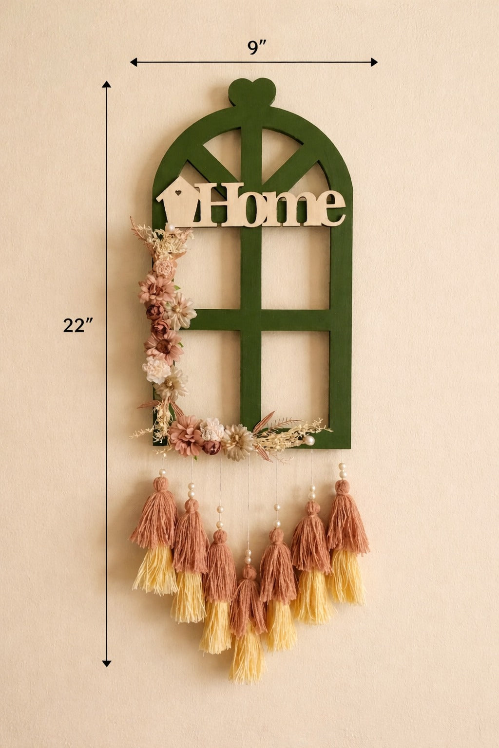 Boho Home Window Wall Hanging with Floral Accents & Tassels