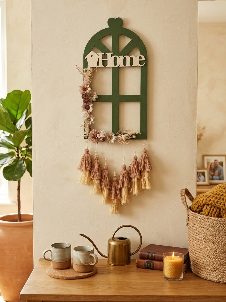 Boho Home Window Wall Hanging with Floral Accents & Tassels