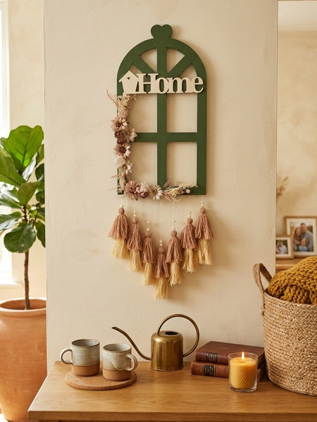 Boho Home Window Wall Hanging with Floral Accents & Tassels