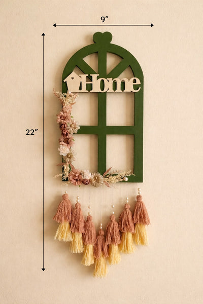 Boho Home Window Wall Hanging with Floral Accents & Tassels