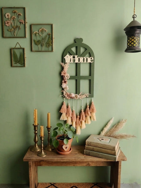 Boho Home Window Wall Hanging with Floral Accents & Tassels